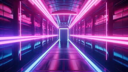 Futuristic Neon-Lit Corridor in Pink and Blue, A perspective view of a corridor illuminated with vibrant pink and blue neon lights, evoking a futuristic or cyberpunk ambiance.