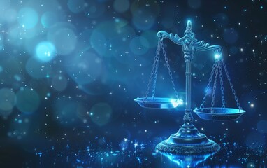 Illuminated Scales of Justice on Blue Bokeh Background, Digital illustration of glowing Scales of Justice symbolizing law, balance, and fairness on a sparkling blue backdrop. - obrazy, fototapety, plakaty