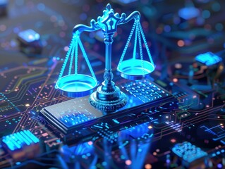 Scales of Justice on Digital Circuit Board, iconic Scales of Justice atop a vibrant circuit board, highlighting the intersection of law and technology.