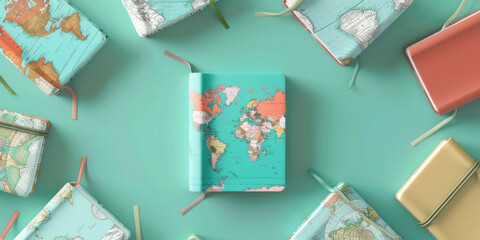Travel and adventure inspiration Notebook with world map surrounded by notebooks and pencils on turquoise background