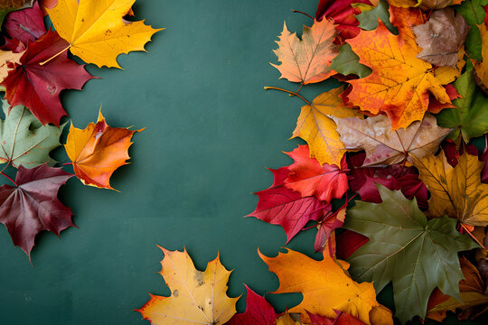 pile of fresh autumn leaves on a deep green background, highlighting the contrast between the vibrant fall colors and the calm green, with ample copy space