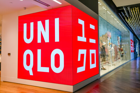 Video animation Commercial sign and logo of a Uniqlo store, a commercial brand of Fast Retailing, a Japanese clothing design, manufacture and distribution group. Thailand, Bangkok, 24 february 2024