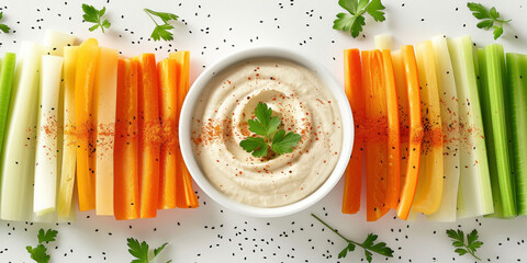 Fresh and colorful assortment of carrots, celery sticks, and hummus dip in a white bowl on a clean white background