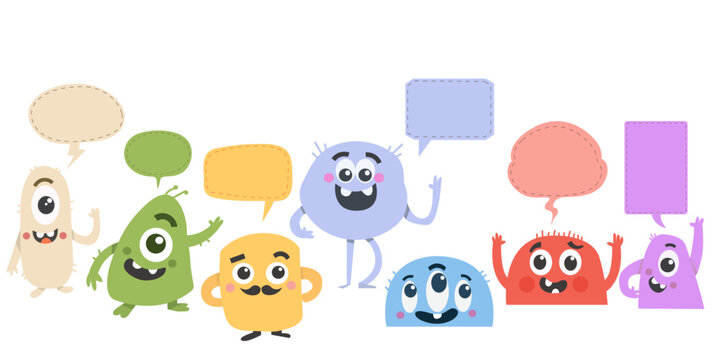 set of cute monsters, kind,happy,soft,positive monsters,vector isolated set with speech bubble.