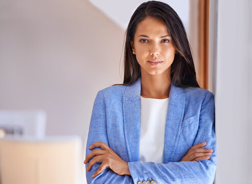Confidence, portrait and business woman in office, workspace and agency assertive in corporate career. Mexican female person, employee or lawyer at law firm and professional for success at work