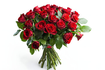 a bouquet of full of red roses and leaves, isolated on white