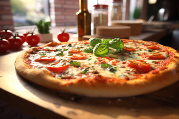 Pizza with vibrant tomatoes and basil on a sunlit wooden table.