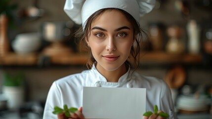 Female chef holding plate with blank card on beige background