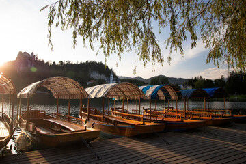 Pletna rowing boats on the alpine Bled lake, Slovenia, Europe