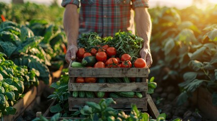 Farmer holding a wooden box with fresh vegetables on the background of the garden - obrazy, fototapety, plakaty