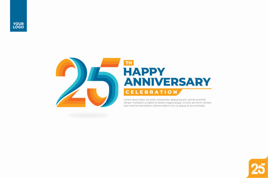 25th happy anniversary celebration with orange and turquoise gradations on white background.