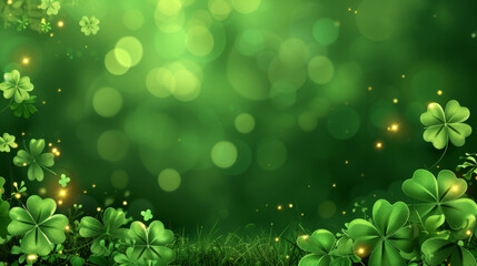 Vibrant green clover field with radiant bokeh light effects, exuding a magical, festive atmosphere