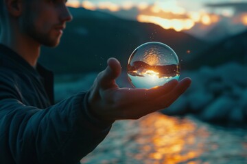 Man holding floating lit ball