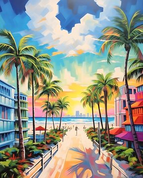 Miami beach Florida Southeastern Coast Acrylic Painting Illustration Artwork - Watercolor Travel Coastal Print - Tourism Ocean Coastline Seascape Palm trees Oil Painting Portrait Destination Wall Art
