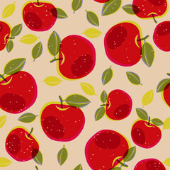 Apples and leaves printed on a risograph. Seamless background for fabrics, textiles, packaging and wallpaper. Vector illustration
