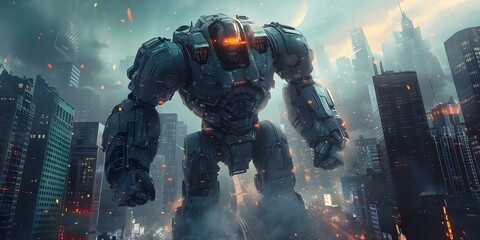 Menacing and Powerful Giant Robot Towers over the Cityscape. Concept Fantasy, Sci-Fi, Giant Robot, Cityscape, Menacing