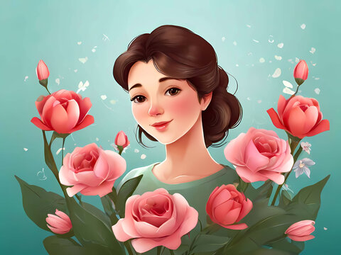 Picture of woman on blue turquoise background with blooming flowers, red pink roses perfect for mother's day greeting card. Cute illustration, cartoon character style, spring concept, greenish blue 