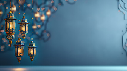 Empty blue background with hanging lantern lights, space for text, Eid al-Fitr, Eid al-Adha, Muharram.