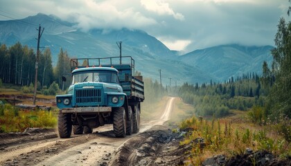 Truck on the road. Summer rural landscape 