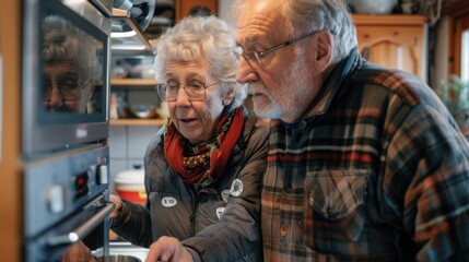 Senior couple in their kitchen, with one partner labeling cabinets and appliances, demonstrating coping mechanisms for memory loss
