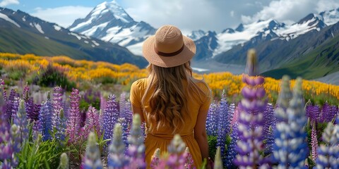 A woman enjoying nature among vibrant lupin flowers with Mount Cook backdrop. Concept Outdoor Photoshoot, Nature, Flowers, Mountains, Landscape - obrazy, fototapety, plakaty