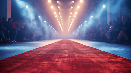 Runway in studio with red carpet, soft blurred background, professional photography.