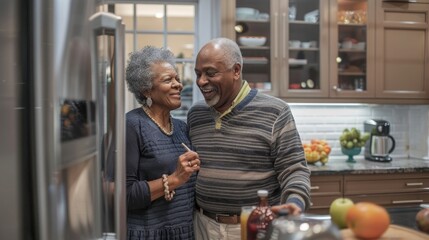Senior couple in their kitchen, with one partner labeling cabinets and appliances, demonstrating coping mechanisms for memory loss - obrazy, fototapety, plakaty