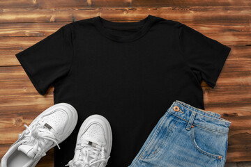 Cotton T-shirt, jeans and sneakers on wooden background top view