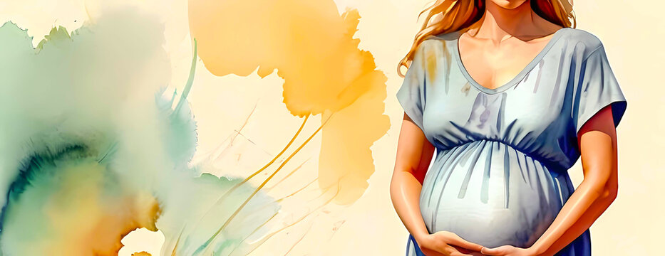 Bright watercolor illustration with splashes of paint on background of banner in a minimalist style with lines drawing outline of  pregnant woman. Silhouette of a female pregnant beautiful body, free
