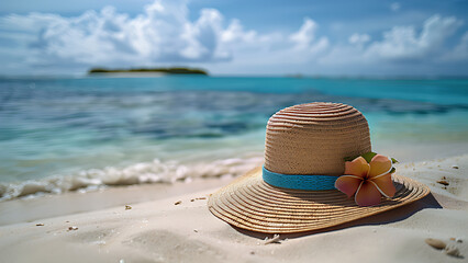 Fototapeta na wymiar Hat by the beautiful beach, vacation concept.