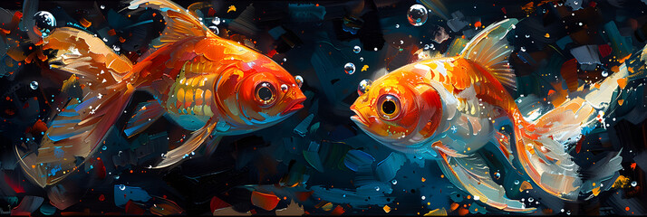 Goldfish in aquarium 3d view,
Digital surreal painting of cute comic fishes
