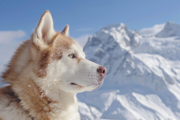 Husky dog at the top of mountain looking at snow-covered mountain