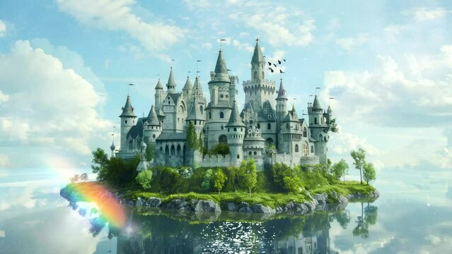 floating castle kingdom island on sky, amazing building for live wallpaper video background looping 4k quality