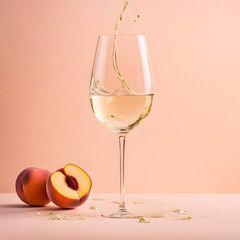 A Glass of white wine overflowing with Elegance, captured in the soft hues of peach pastels, accompanied by juicy peaches resting nearby. Glass of wine, object shooting ideal for national wine day