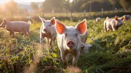 Free range pigs on the pasture with sunshine. organic farm in the morning.