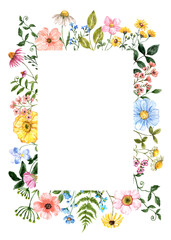Floral rectangle frame made of watercolor hand-painted wildflowers, plants, and herbs. Botanical border with pretty flowers. PNG clipart.