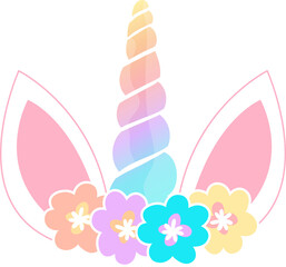 Cute unicorn graphic design. Cartoon unicorn head with flower crown illustration