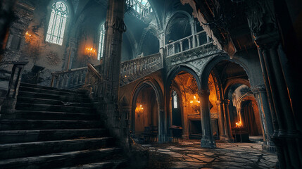 Halloween gothic atmosphere inside of Ancient vampire castle . Generative Ai