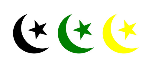 Star crescent moon icon, black green and yellow Islamic religious symbol, vector illustration.