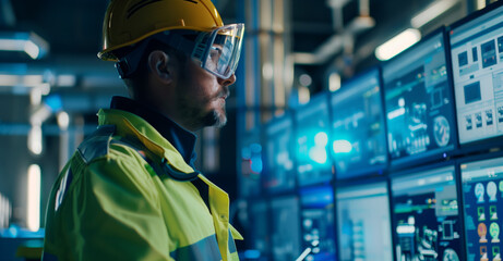 Industrial Worker Monitoring Equipment in Control Room. An attentive industrial worker with a hard hat and safety goggles oversees machinery operations in a technological control room.