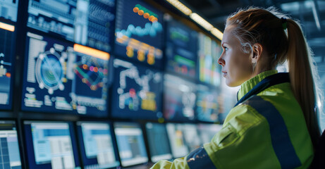 Control Room Engineer Monitoring Operations. Attentive female engineer in reflective jacket overseeing data on control room screens.