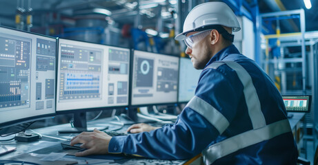 Plant Operator Managing Systems in Industrial Control Room. A plant operator in a hard hat and reflective vest is concentrated on managing and adjusting systems from a control room filled with screens