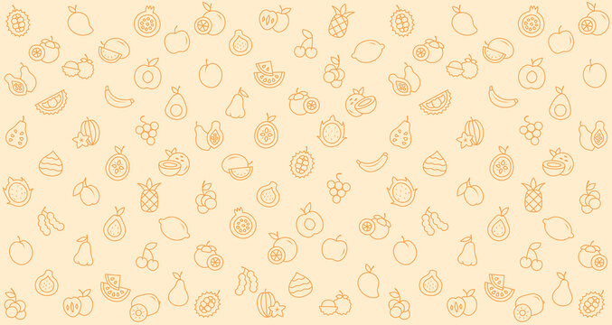Background with tropical fruits and berries. Minimalistic citrus fruits, banana, grape, cherry, mango, pineapple, apple. Concept of healthy eating or vegetarianism.