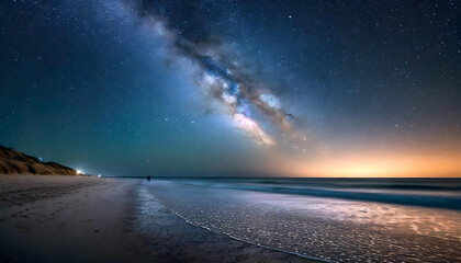 Scenic view of walking on sandy beach near waving ocean in winter under night sky.