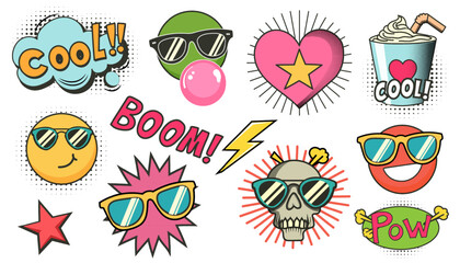 A set of cool retro stickers in comic book style. Elements for design, mood. Pop art Vector illustration