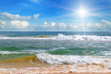 tropical beach and sun on blue sky .