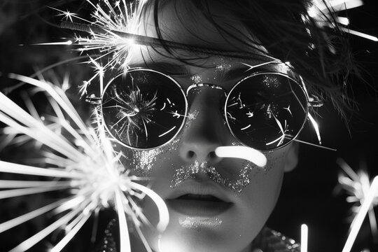 Nardo's lens captures the dance of light and shadow, sunglasses reflecting the enigma of creation. Each spark a testament to the turmoil and triumph in art's journey, viewed through fireworks' burst