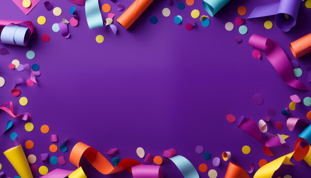 Party background with confetti and streamers, purple. Invitation background.