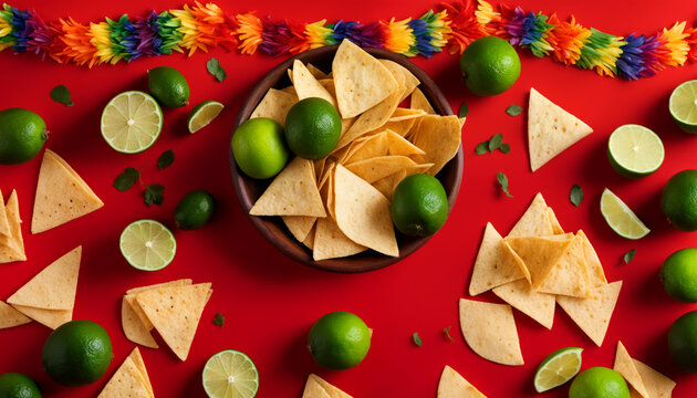 Fiesta background with tortilla chips, cilantro and limes.  