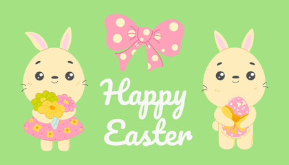 Obraz na płótnie Canvas Cute Easter card set. Spring collection of bunnies, colorful Easter eggs and decorations. For poster, card, scrapbooking , stickers